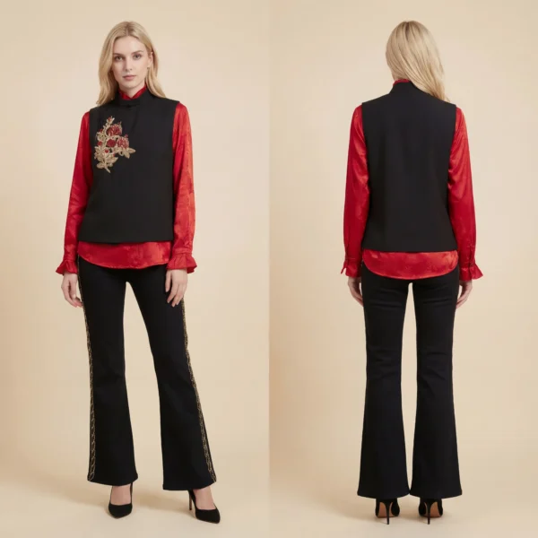 Whispering Satin - 缎语轻声-Embroidered floral stand-up collar vest