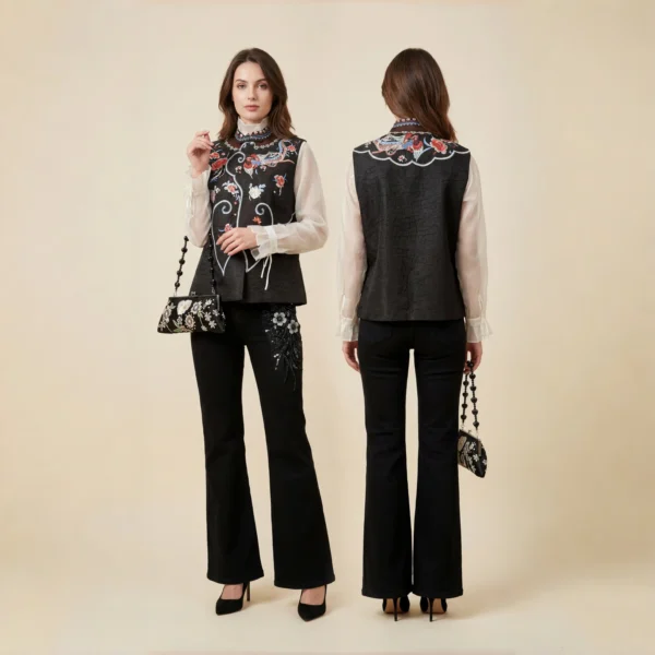 Couture Aura - 高定光寰-Embroidered Black Silk Brocade Vest with Floral and Bird Motifs