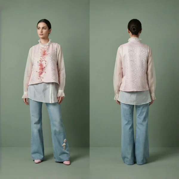 The Pinned Corsage-衣上襟花-Floral Embroidered Silk Brocade Vest with Crystal and Pearl Detailing