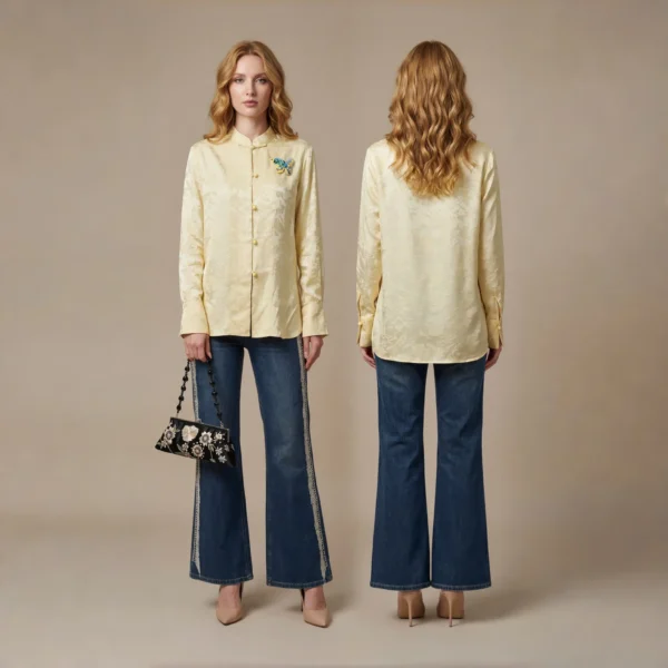 Moonlit Taffeta-月光塔夫绸-Silk Brocade Mandarin Collar Blouse with Butterfly Brooch Accent