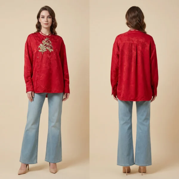 Phoenix‘s Ember-涅槃之焰-Luxury Red Silk Brocade Mandarin Collar Blouse with Floral Embroidery