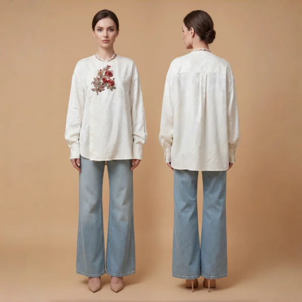 Crimson Sonnet-绯色诗篇-Luxury Floral Embroidered Silk Brocade Mandarin Collar Blouse