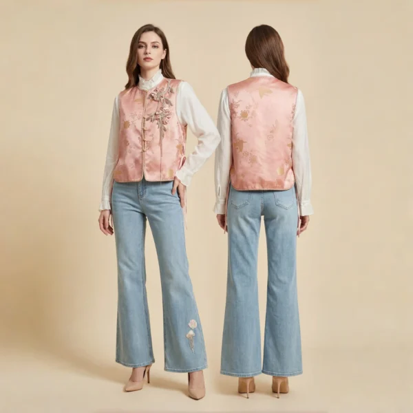 Luminous Pearl - 月华珠光-Floral Embroidered Satin Vest with Silk Detailing & Wide-Leg Denim Pants