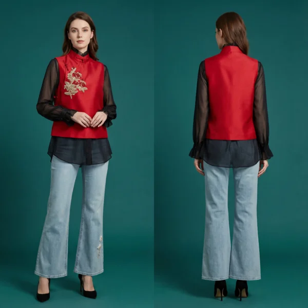 Celestial Embers - 天际余烬-Red Embroidered Mandarin Collar Vest