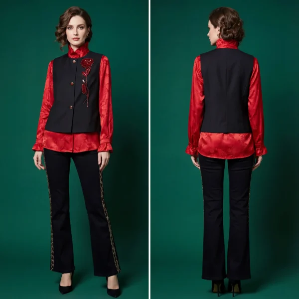 Aura Noble - 贵族光韵-Embroidered Silk Mandarin Collar Vest with Bell Sleeves