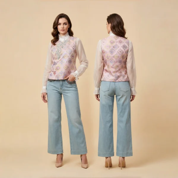 Pinned Bloom - 簪香-Floral Embroidered Silk Brocade Vest with Elephant Motif and Crystal Detailing