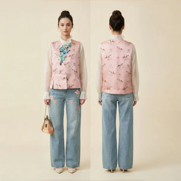 Flowered Adornment - 花饰-Satin Brocade Floral Embroidered Vest with Sequins & Crystal Detailing
