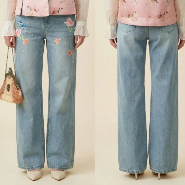 Aviary of Eden-伊甸鸟语林-Floral Embroidered Denim with Beaded Bird Motif