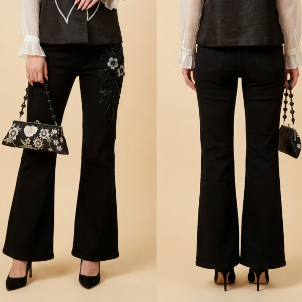 Midnight Bloom-午夜繁花-Floral Embellished Black Denim Pants with Crystal Bead Detailing